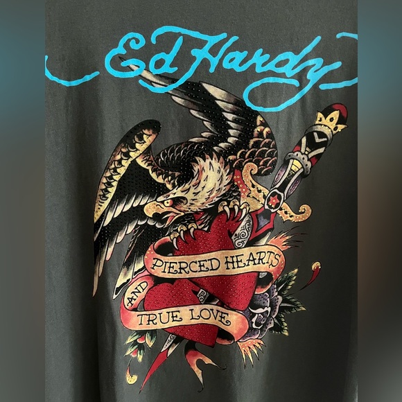 ED HARDY Rhinestone 100% Cotton Garment Washed Short Slv Graphic T-shirt Unisex - Picture 6 of 12